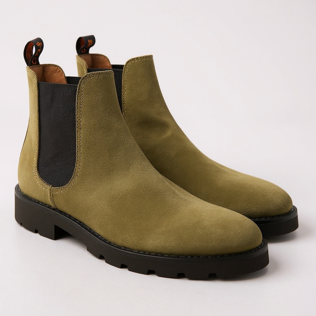 Detalle de los materiales y la costura de los botines CALCE taupe, mostrando la piel de nubuck y la suela.