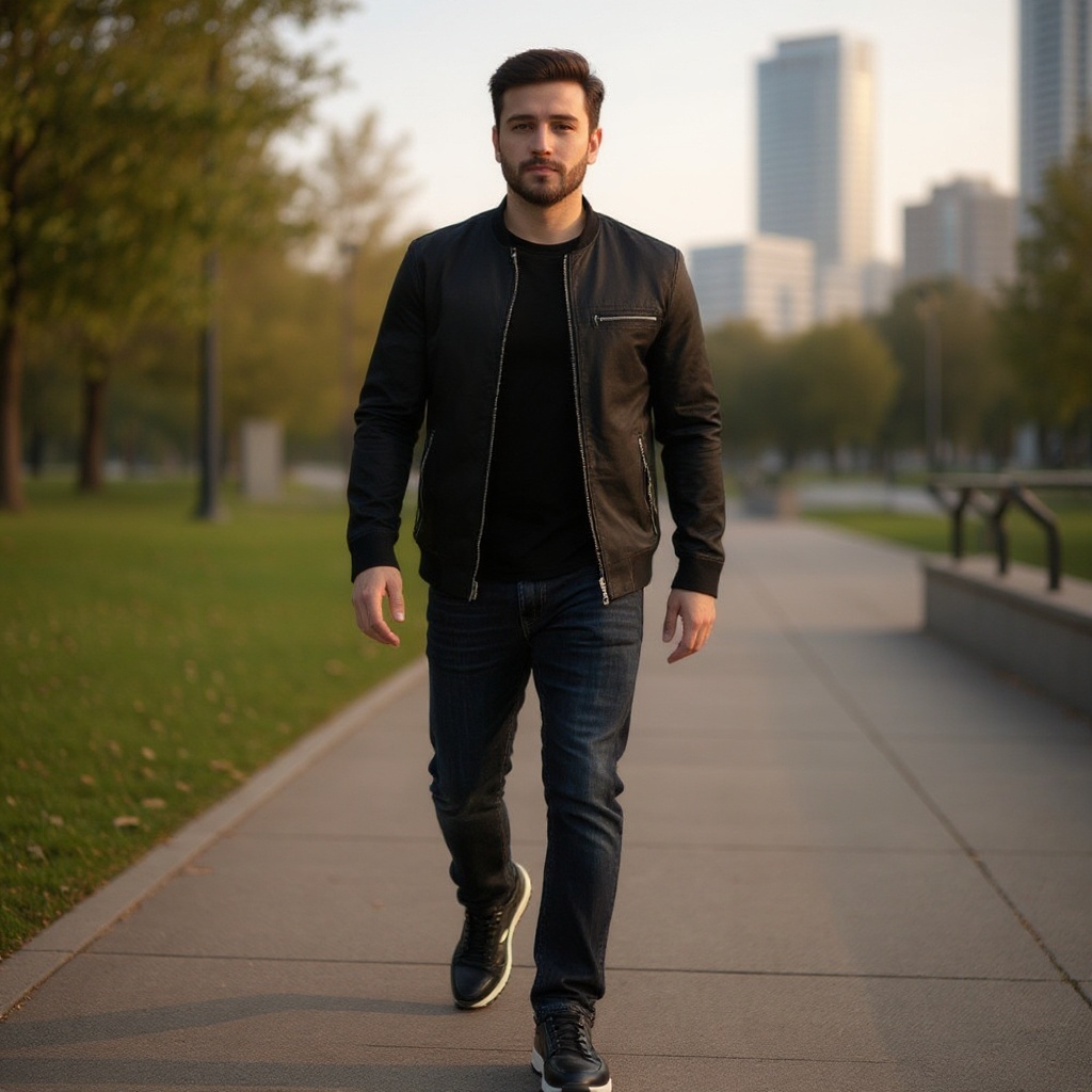 Hombre elegante con zapatillas deportivas VOILE BLANCHE negras, jeans y chaqueta casual en un parque urbano al atardecer.