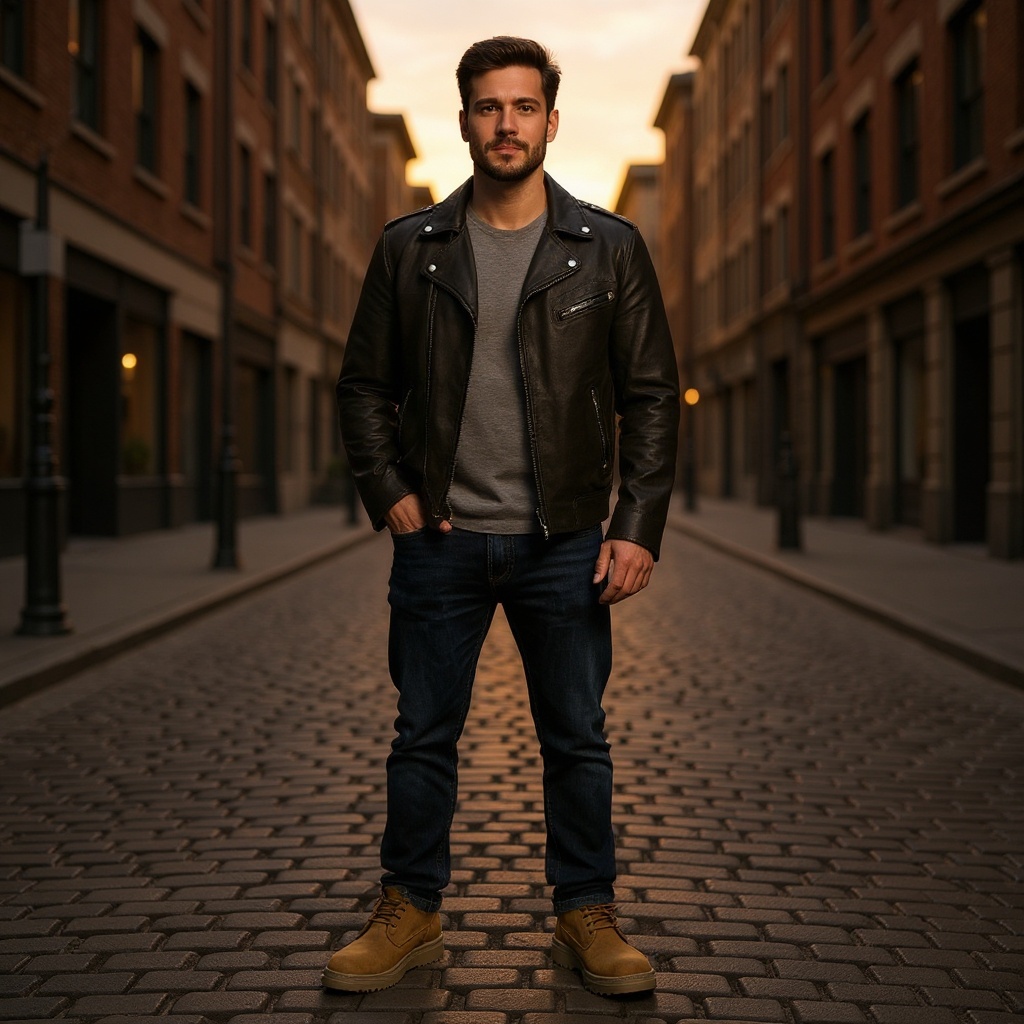 Hombre luciendo botas UGG de cuero color CUERO en un entorno urbano, combinadas con jeans y chaqueta de cuero.