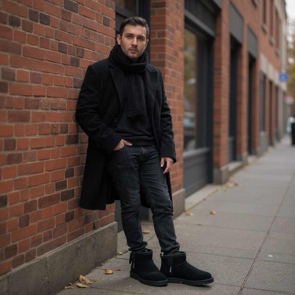 Hombre joven con botas UGG negras, jeans oscuros y abrigo de lana, apoyado en una pared de ladrillo en una calle urbana, mostrando un estilo sofisticado y cómodo.