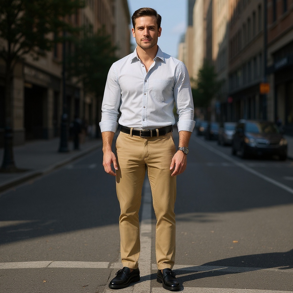 Hombre elegante caminando por la ciudad con mocasines castellanos Sebago negros.