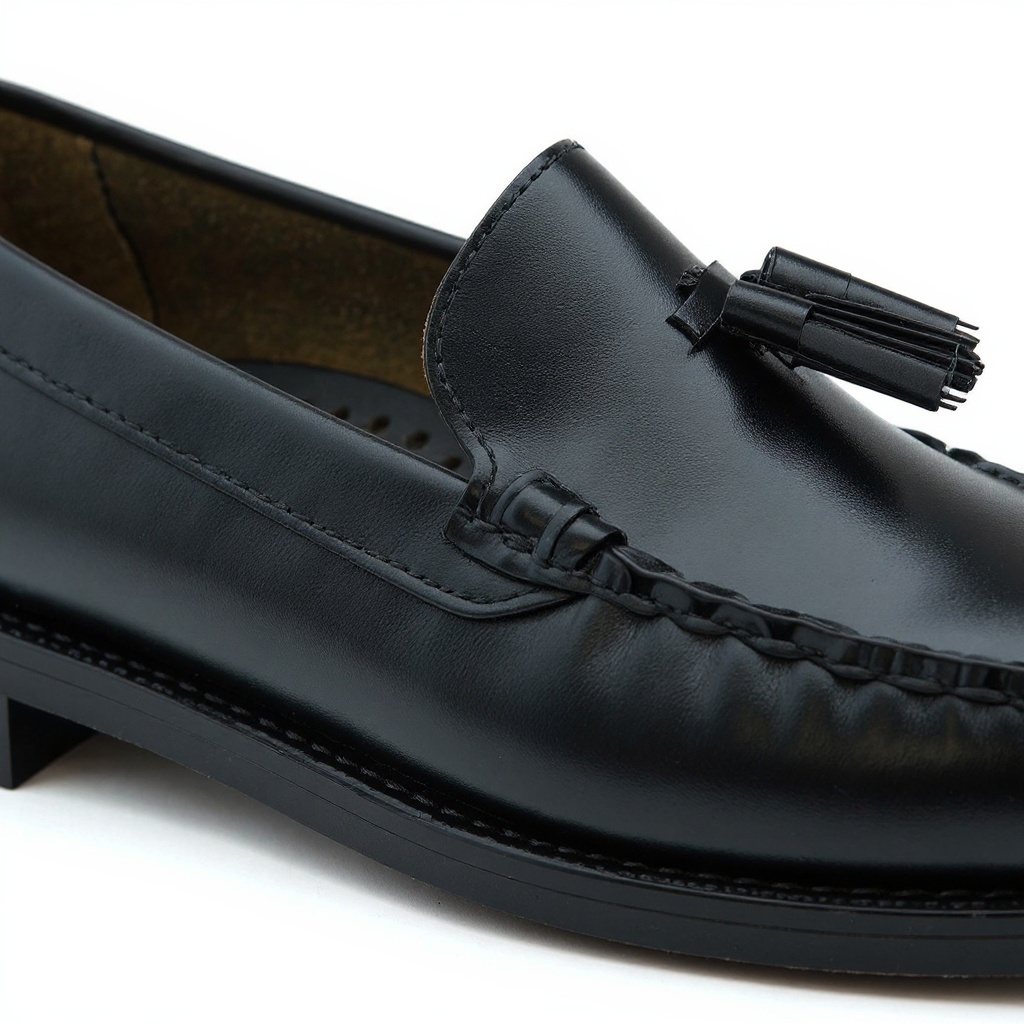 Detalle de la piel y la suela de los mocasines castellanos Sebago negros.