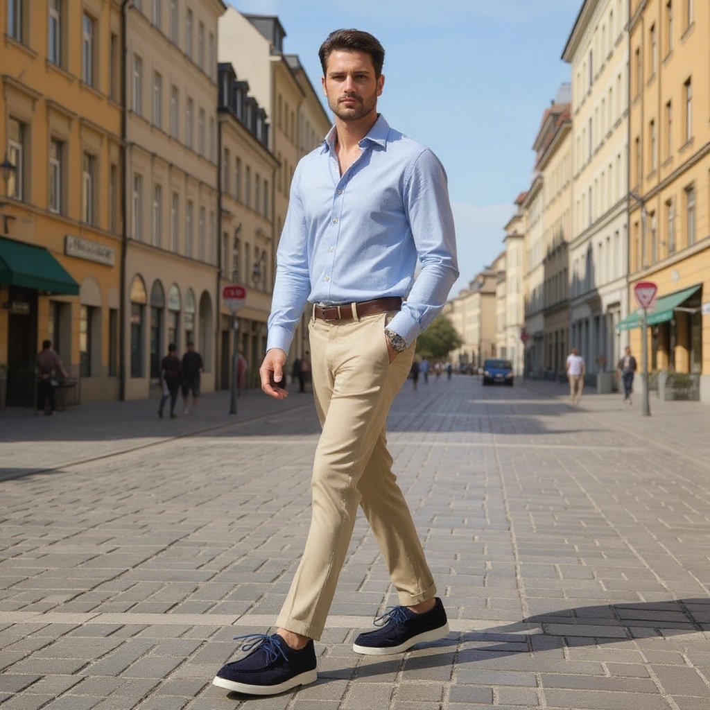 Un hombre con estilo lleva los CALCE wallaby azul de nubuck, caminando con confianza por una plaza europea, mostrando un look casual sofisticado con chinos y camisa de lino.