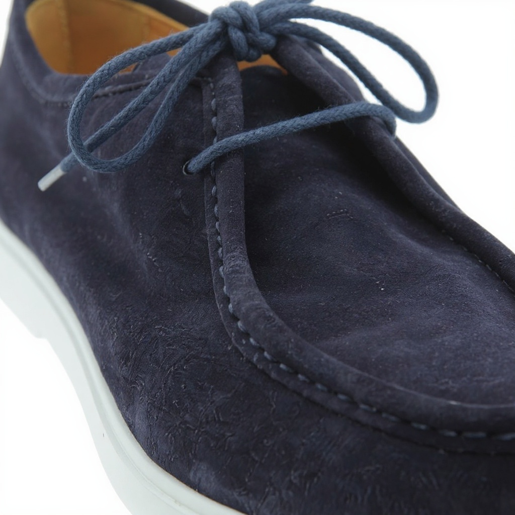 Primer plano detallado de los zapatos CALCE wallaby azul, destacando la calidad del nubuck, los meticulosos cosidos y la suela de goma, para apreciar la artesanía.