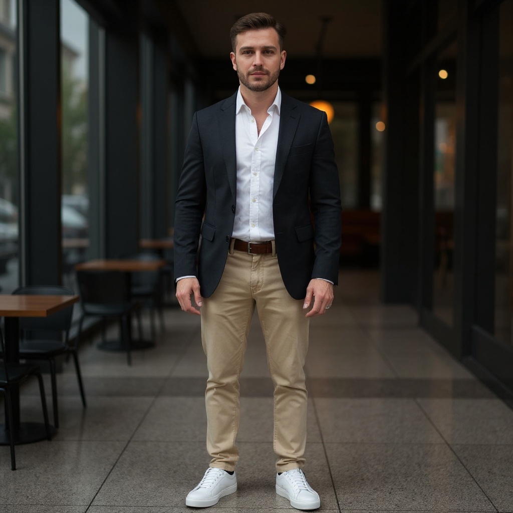 Hombre elegante caminando por la ciudad con zapatillas deportivas blancas CALCE, combinando comodidad y estilo urbano.