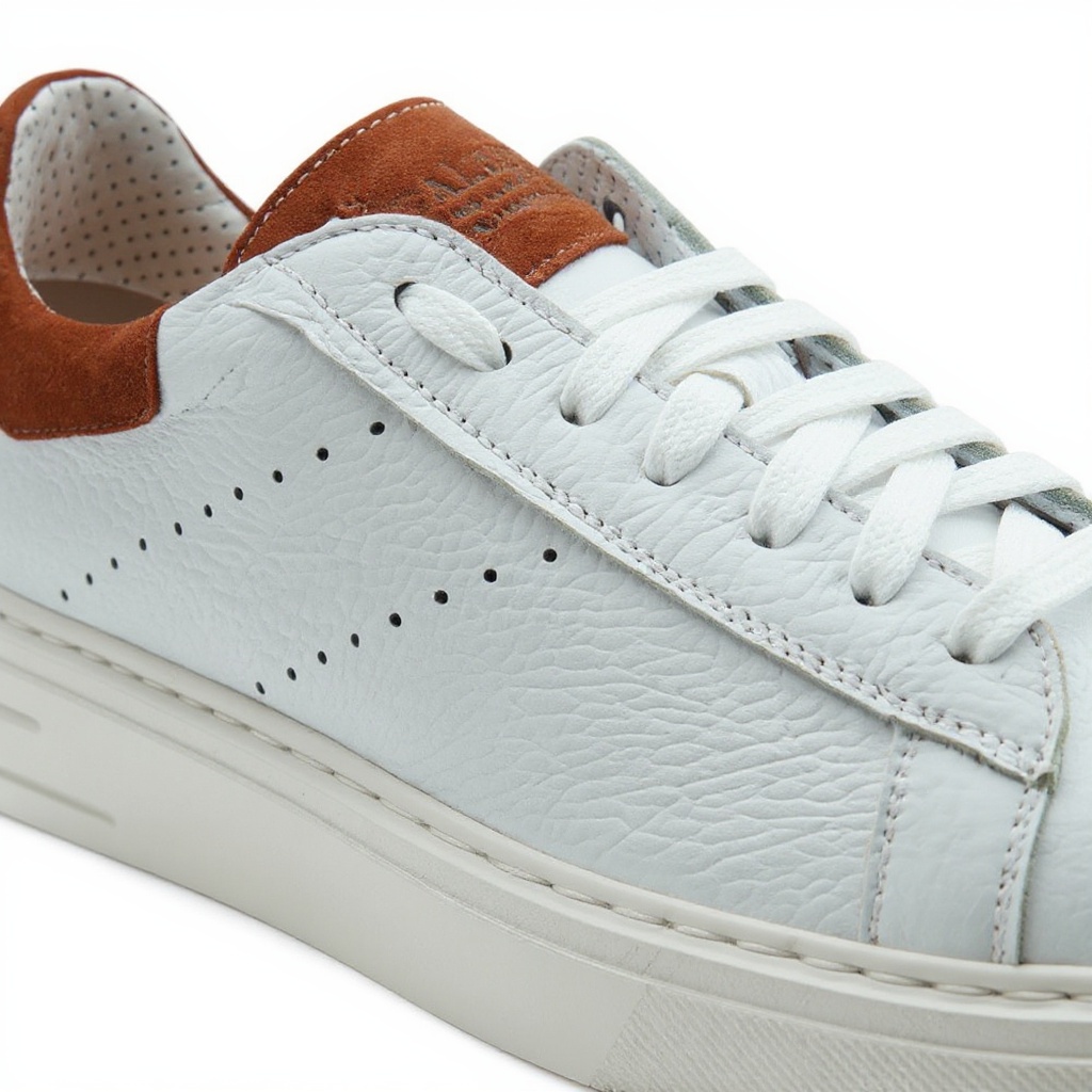 Detalle de cerca del zapato deportivo blanco CALCE, mostrando la textura de los materiales BLOK y piel, y la calidad de la costura.