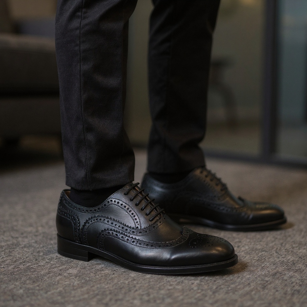 Hombre con zapatos ZAMPIERE blucher negros en una oficina elegante, reflejando éxito y sofisticación.