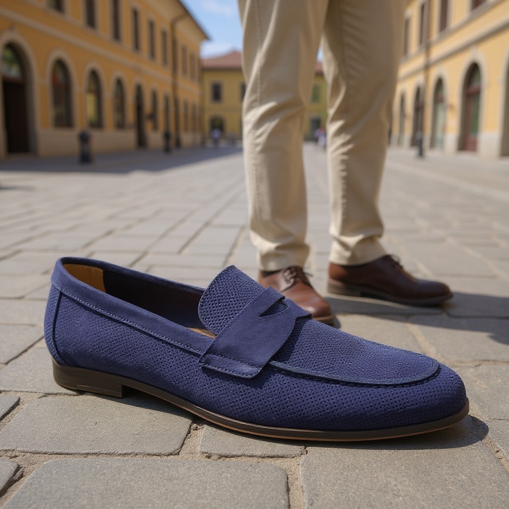 Hombre elegante con mocasines CALCE azules, pantalones chinos y camisa de lino, caminando por una plaza urbana soleada.