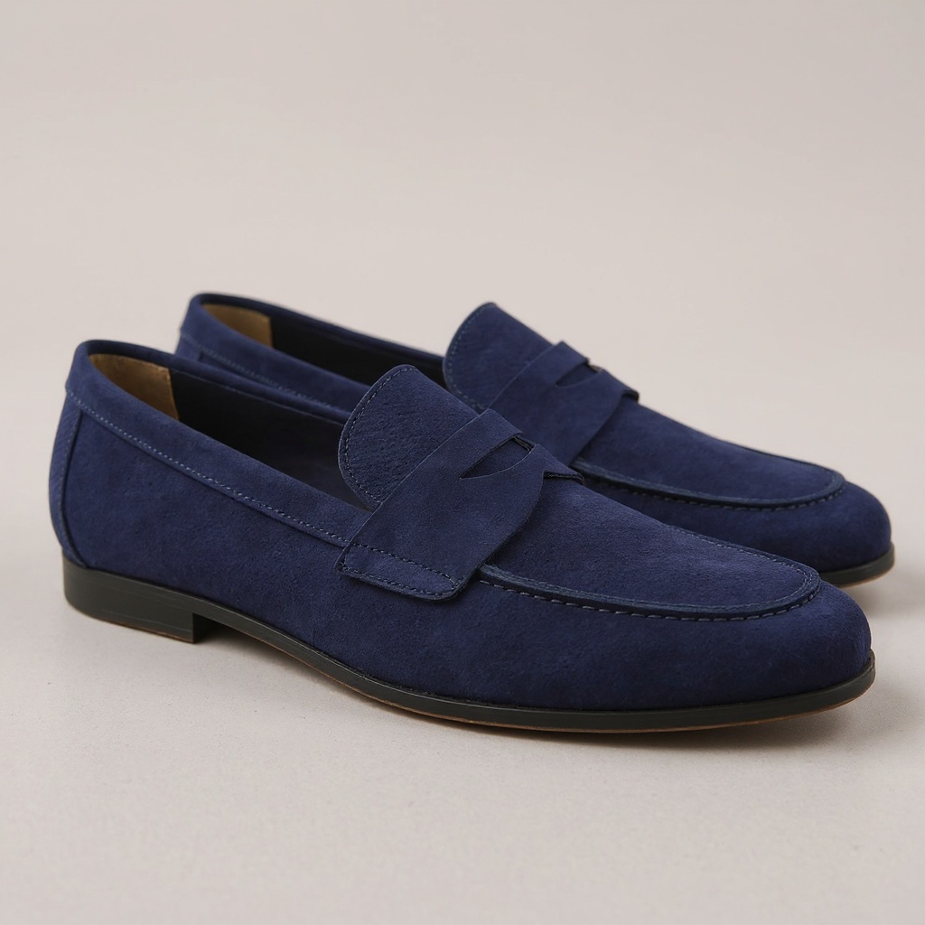 Detalle de los mocasines CALCE azules, mostrando la textura de la piel nubuck (NBK), las costuras finas y la suela BLOK.