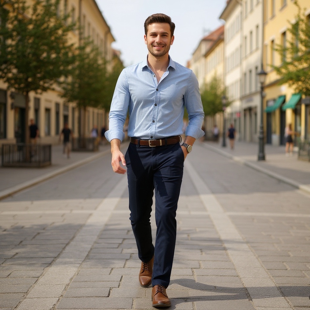 Hombre con mocasines wallaby taupe CALCE en un entorno urbano elegante.