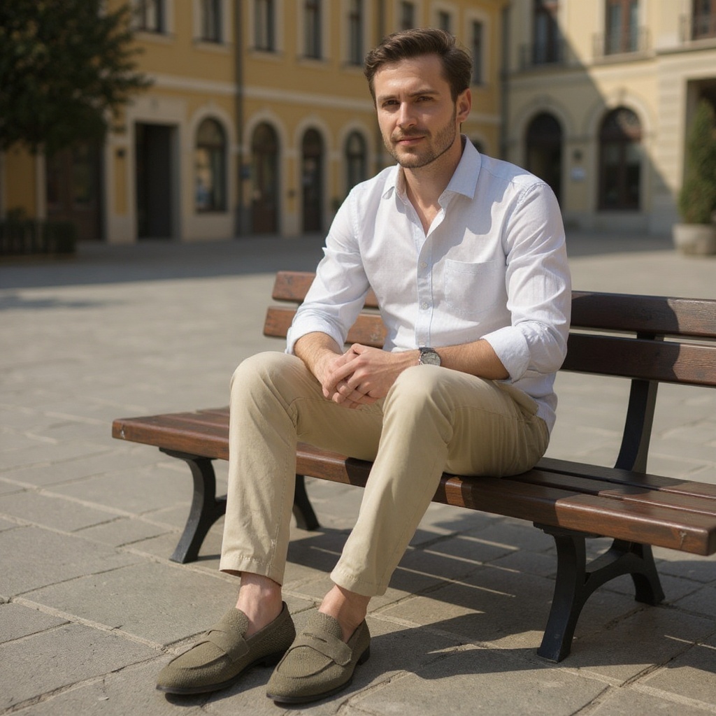 Hombre elegante con mocasines CALCE taupe sentado en una plaza soleada.