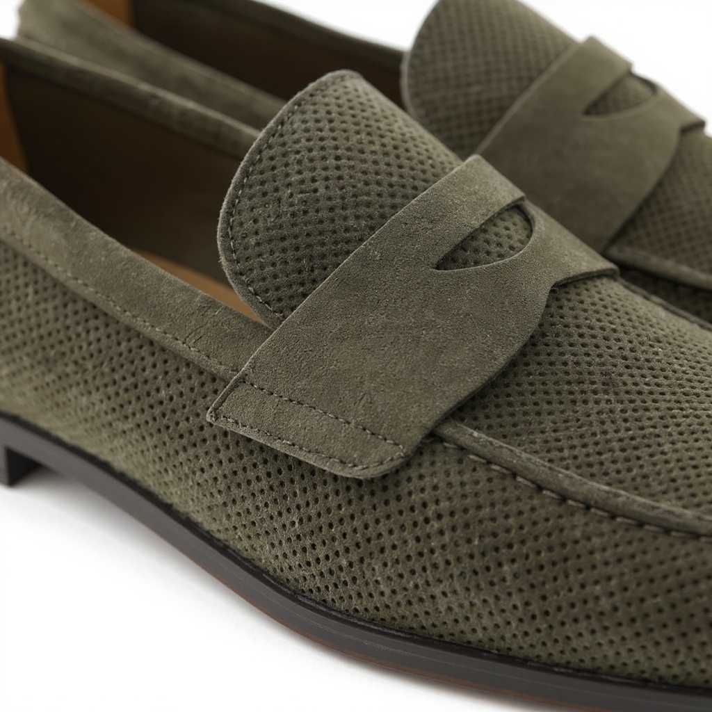 Primer plano del mocasín CALCE taupe, mostrando la textura del nubuck y la calidad de las costuras.