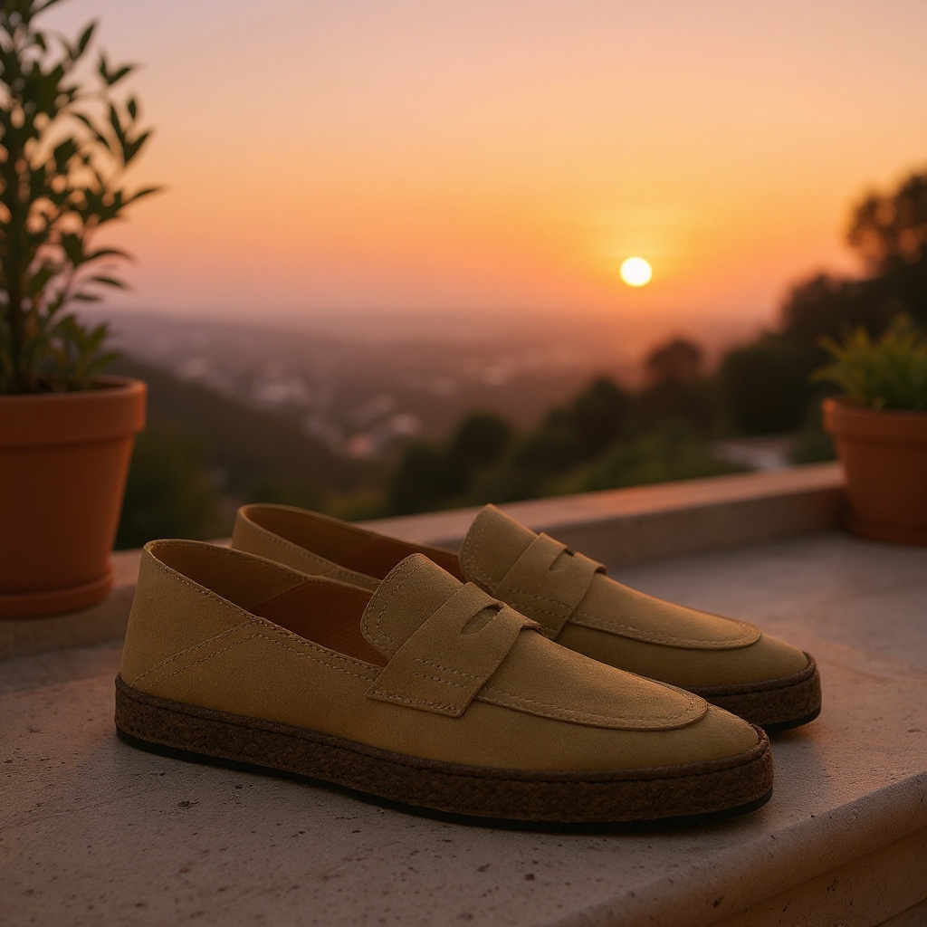 Mocasines CALCE tabacco en un ambiente relajado y elegante, combinados con pantalones de lino.