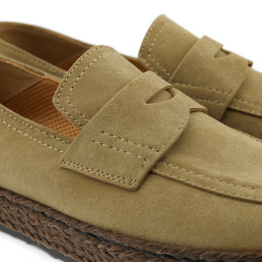 Detalle del mocasín CALCE tabacco, resaltando la textura de nubuck y la calidad de los materiales.