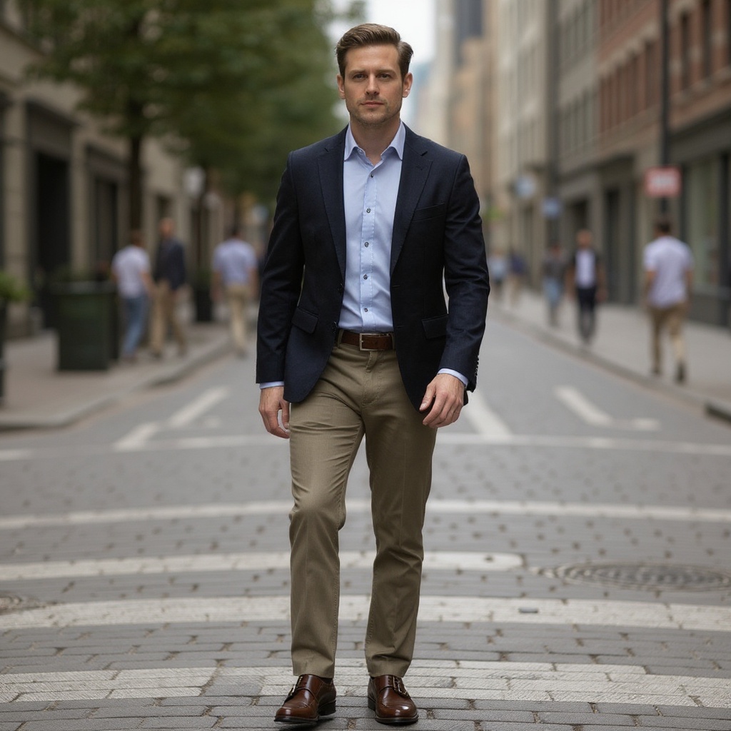Hombre con zapatos CALCE de doble hebilla marrones paseando por la ciudad.