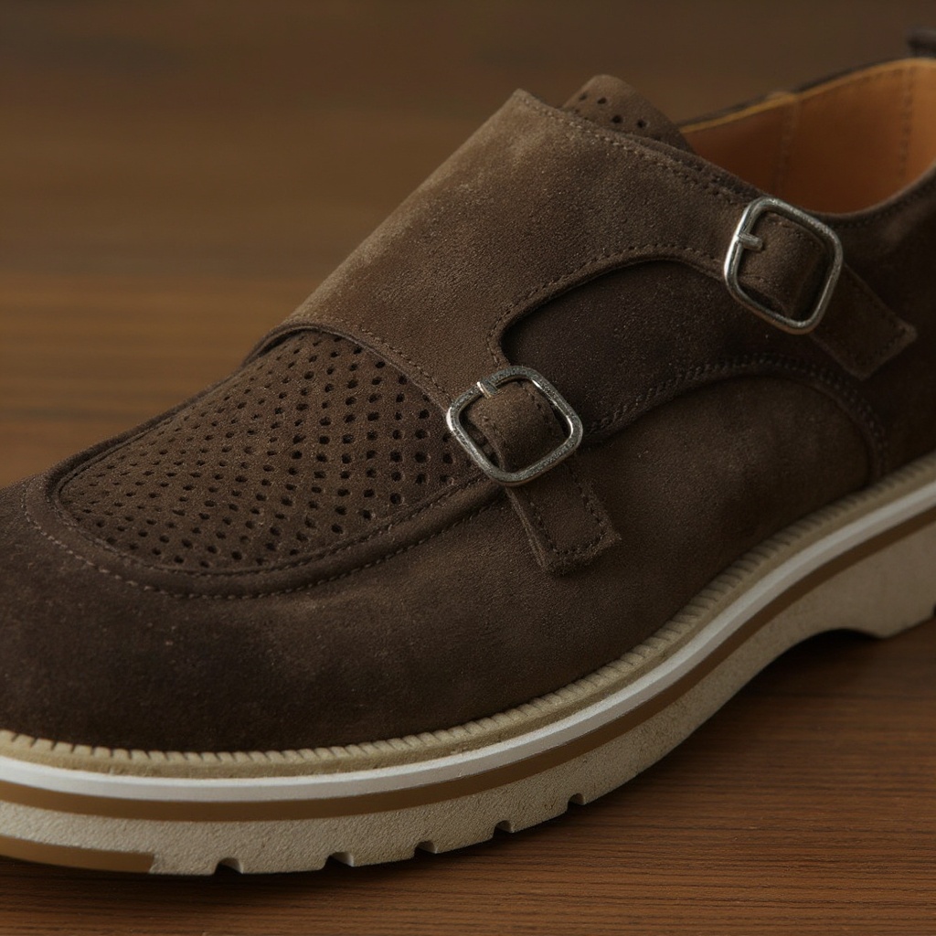 Primer plano de los zapatos CALCE 2 hebillas marrones, mostrando la piel y el detalle de las hebillas.