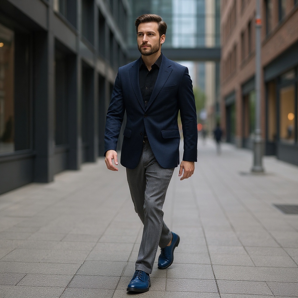 Un hombre elegante con zapatos CALCE 2 hebillas azul, pantalón gris a medida y blazer azul marino, caminando por una ciudad moderna.