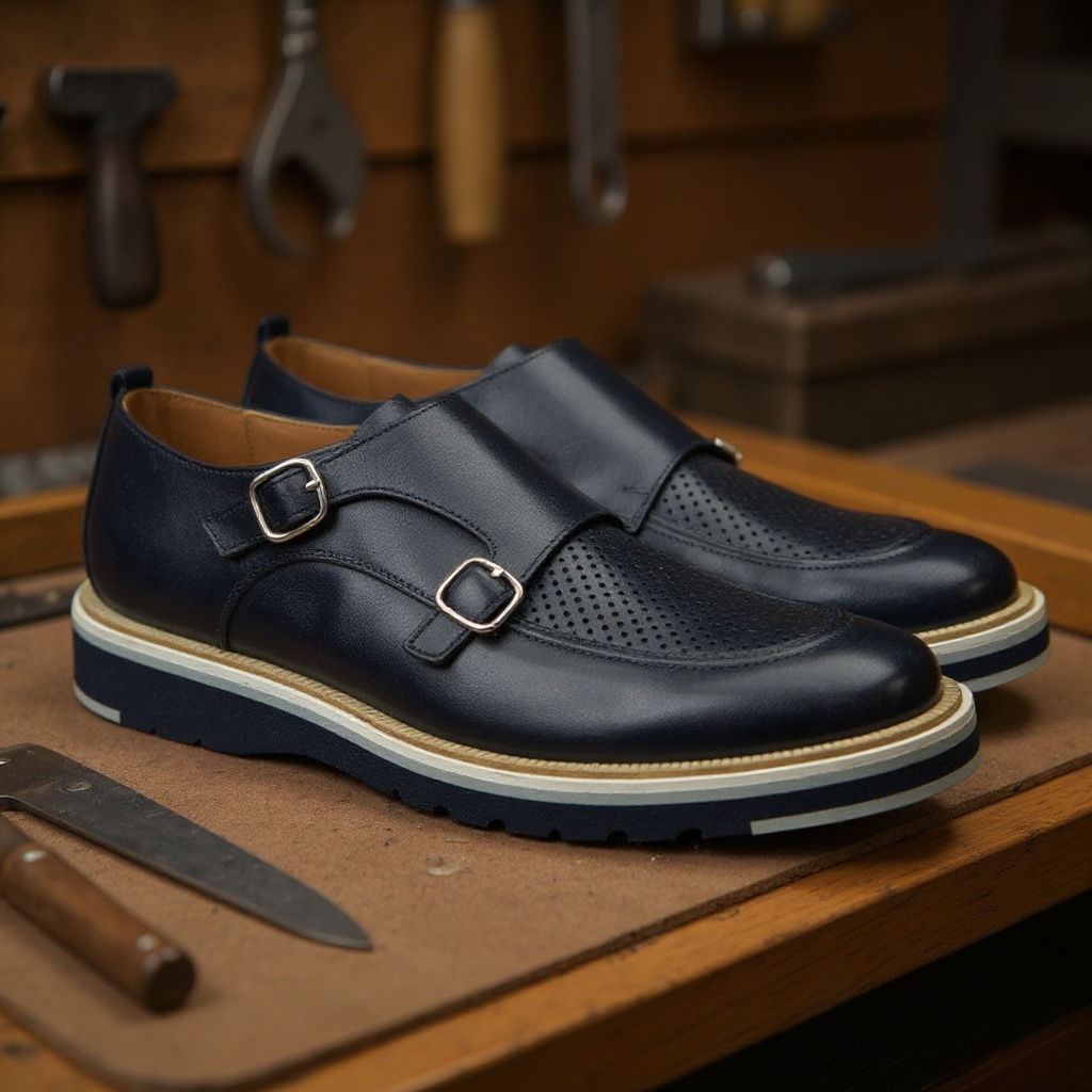 Detalle de los zapatos CALCE 2 hebillas azul, mostrando la piel de alta calidad, las hebillas pulidas y la costura Blake.
