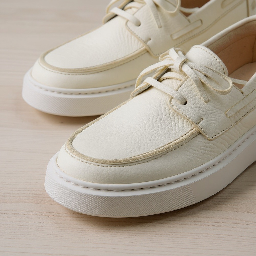 Detalle de los materiales (piel, napa y casco) y la costura artesanal de los náuticos blancos CALCE, mostrando su calidad.