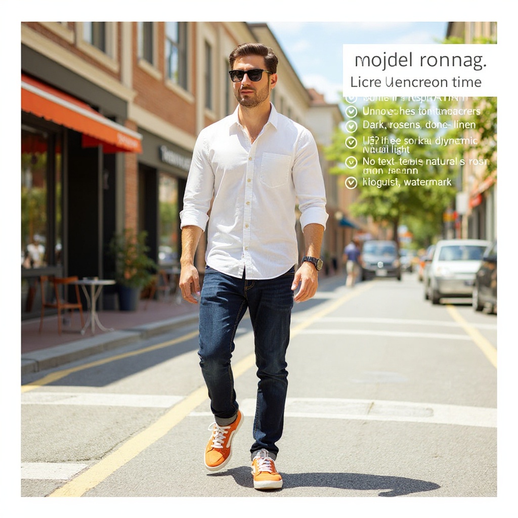 Hombre con deportivas PREMIATA naranjas, vaqueros oscuros y camisa de lino en un ambiente urbano.