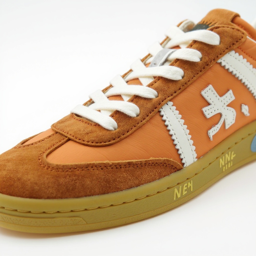 Detalle de los materiales BLOK, piel y nubuck en las deportivas PREMIATA naranjas, mostrando costuras y suela.