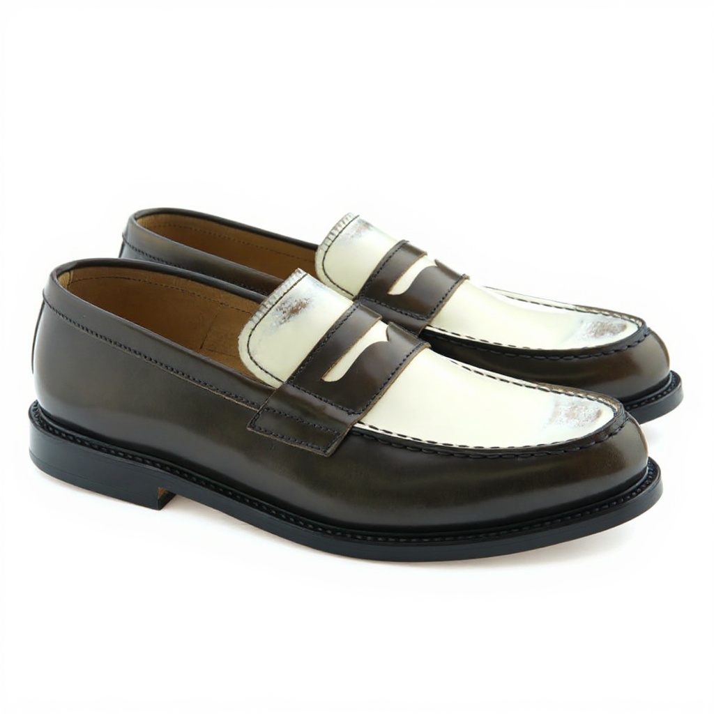 Hombre con mocasines PREMIATA marrones/beiges combinados con pantalón de lino claro en una calle mediterránea.