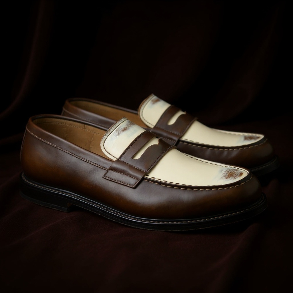 Primer plano de mocasín PREMIATA marrón/beige, mostrando la calidad de la piel napa y las costuras artesanales.