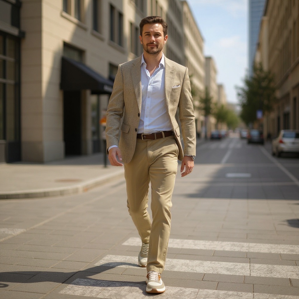 Hombre elegante con deportivas VOILE BLANCHE arena, combinándolas con chinos y camisa en un ambiente urbano sofisticado.