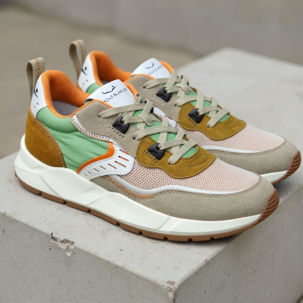 Detalle técnico de las deportivas VOILE BLANCHE arena, mostrando la textura de piel, nubuck y la construcción robusta de la suela.