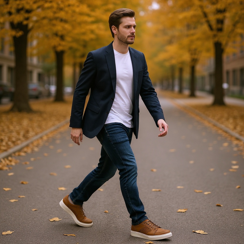 Hombre con blazer y vaqueros caminando en un parque, luciendo deportivas de cuero CALCE color cuero.