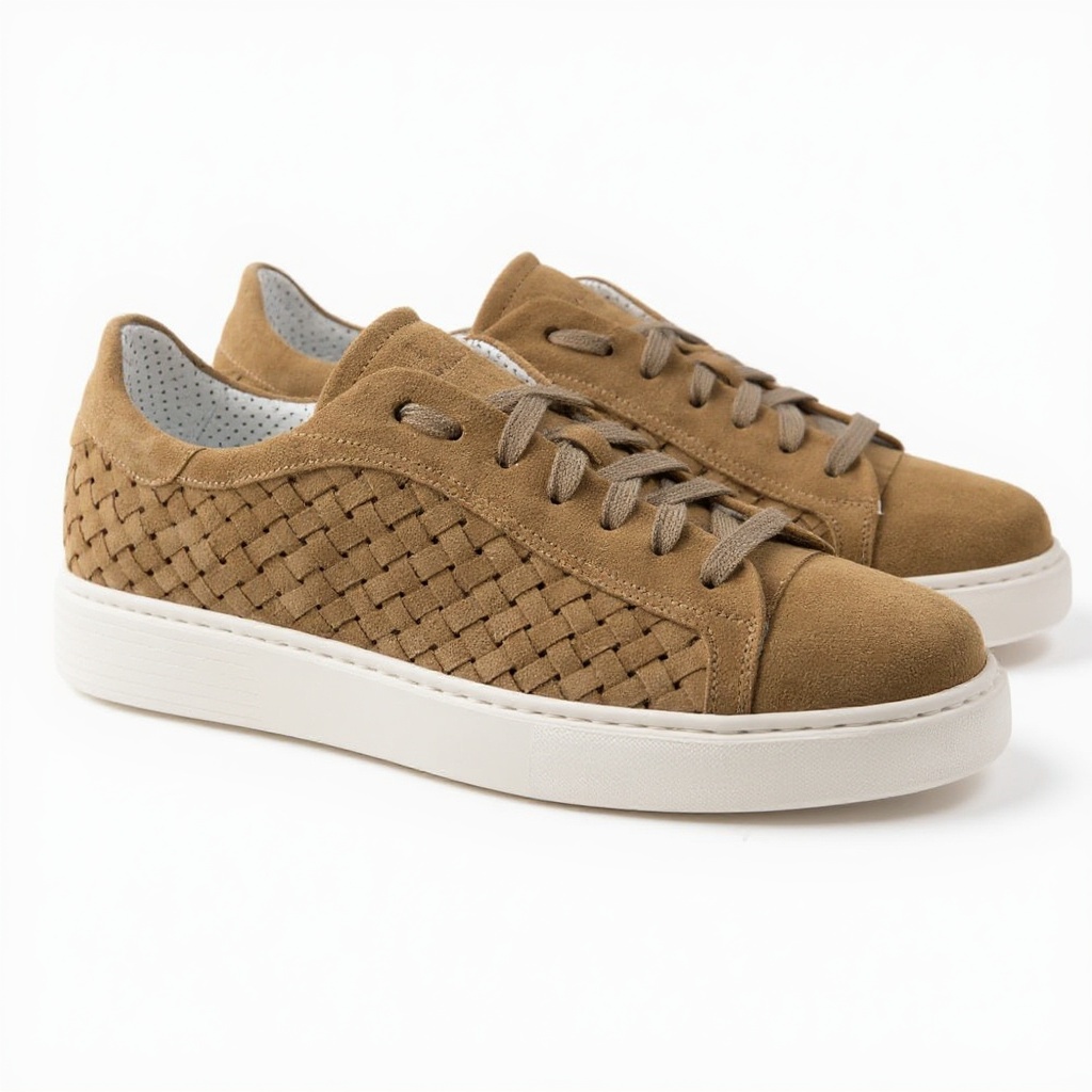 Primer plano de las deportivas CALCE de cuero, mostrando detalles de piel, nobuck y la suela robusta.