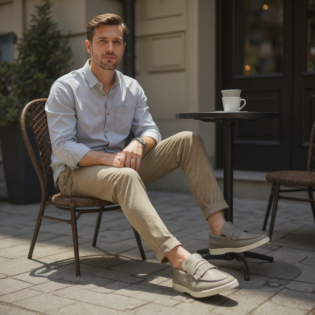 Hombre luciendo mocasines Kurt Geiger grises en una terraza, combinados con un atuendo casual elegante.