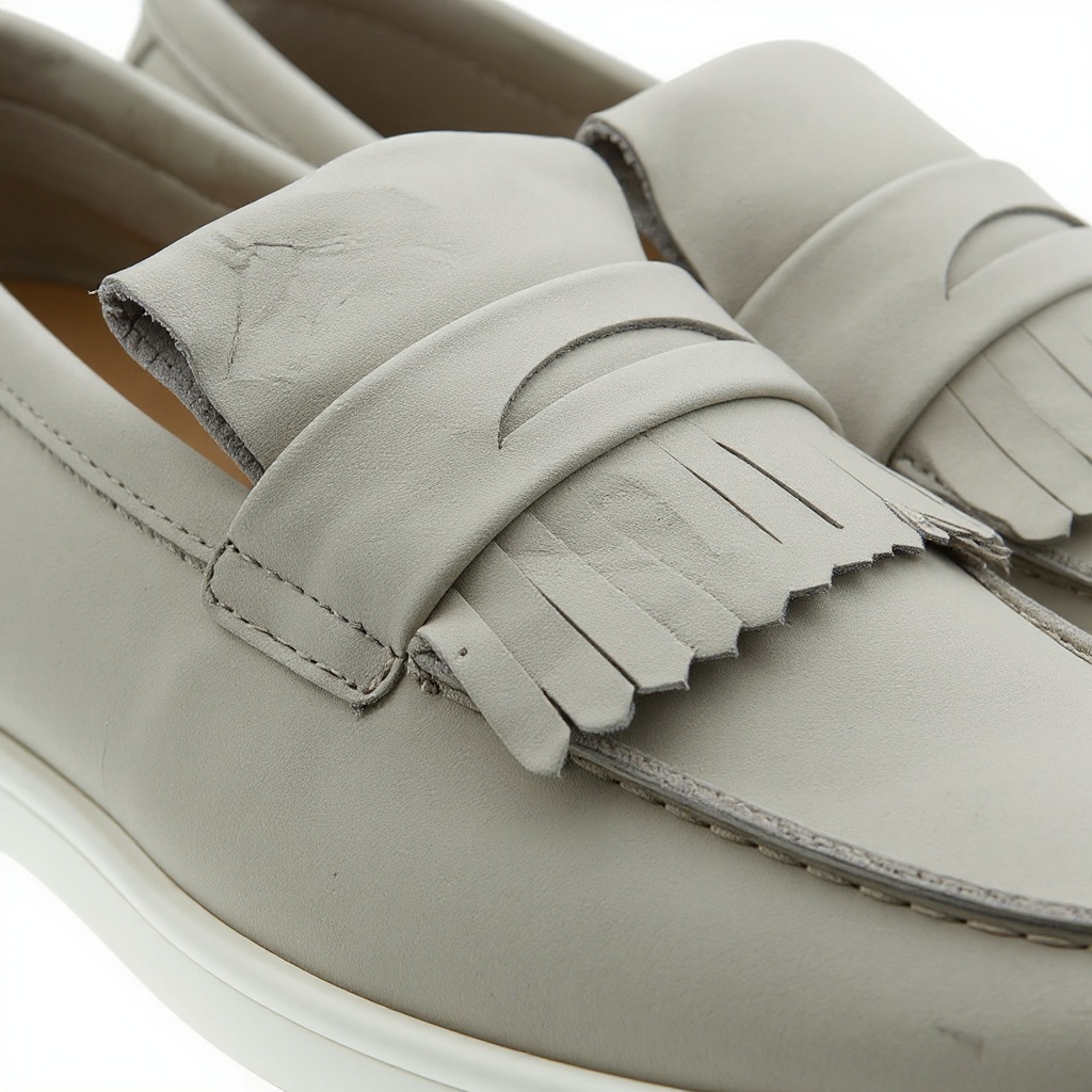 Detalle de los mocasines Kurt Geiger grises, mostrando la textura del material NBK y la calidad de su construcción.