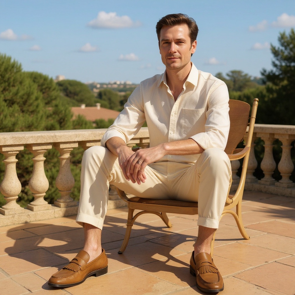 Hombre vistiendo mocasines de cuero KURT GEIGER en un entorno urbano elegante y relajado.