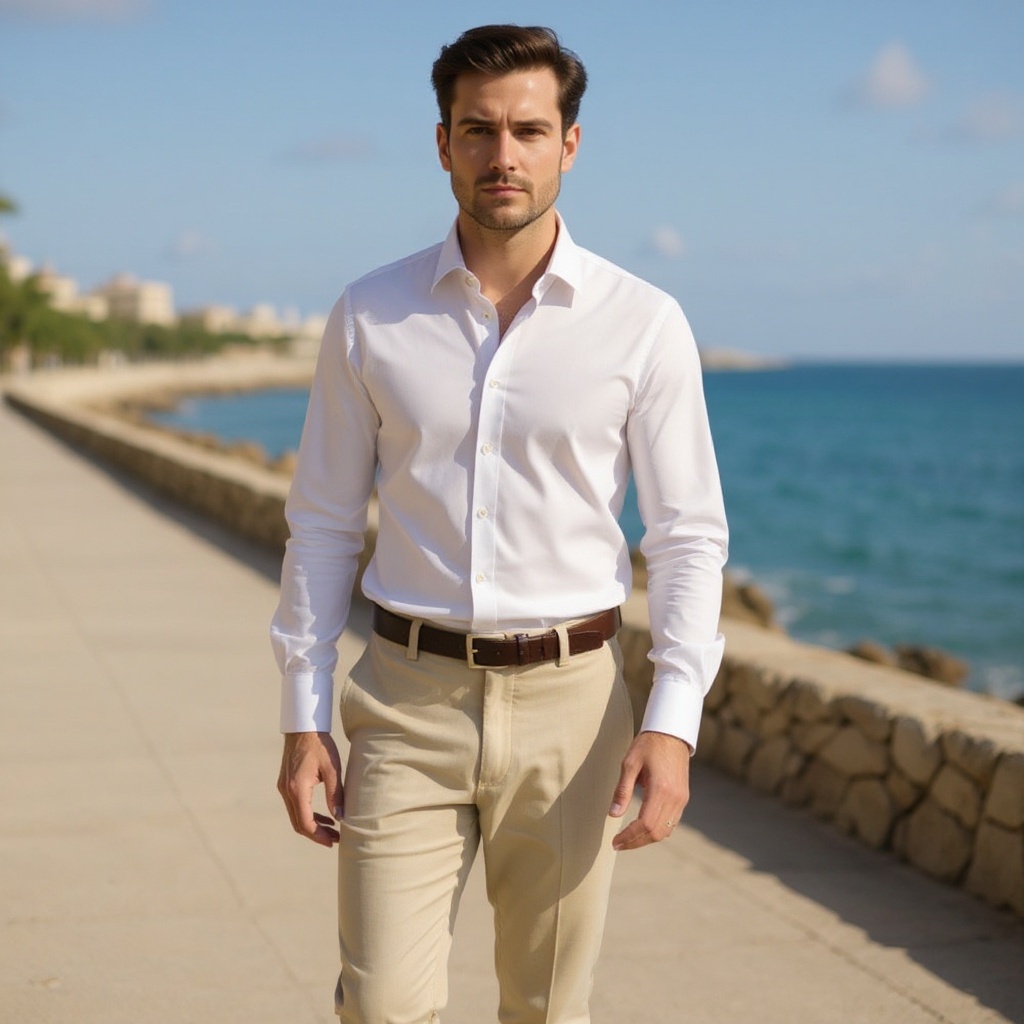 Hombre luciendo alpargatas KURT GEIGER color petróleo en un ambiente costero de lujo.