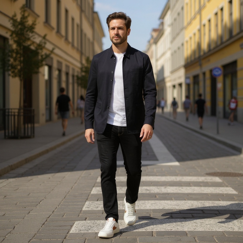 Hombre elegante caminando por una calle adoquinada, luciendo las deportivas VOILE BLANCHE blanco/corda con un atuendo casual-chic.