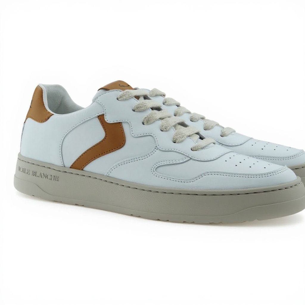 Detalle técnico de las deportivas VOILE BLANCHE blanco/corda, mostrando la combinación de piel y tejido, las costuras y la textura de la suela.