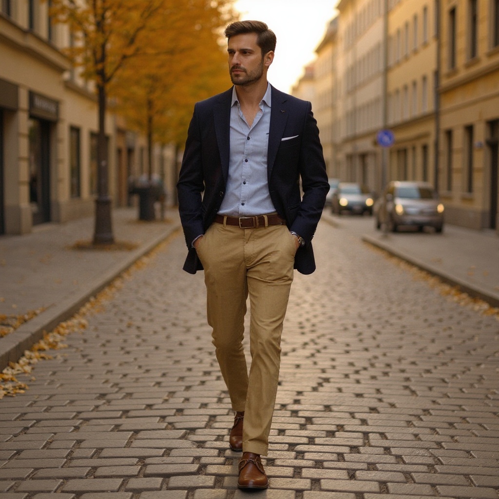Hombre con mocasines de cuero Tommy Hilfiger, chinos y blazer, paseando por una calle adoquinada.