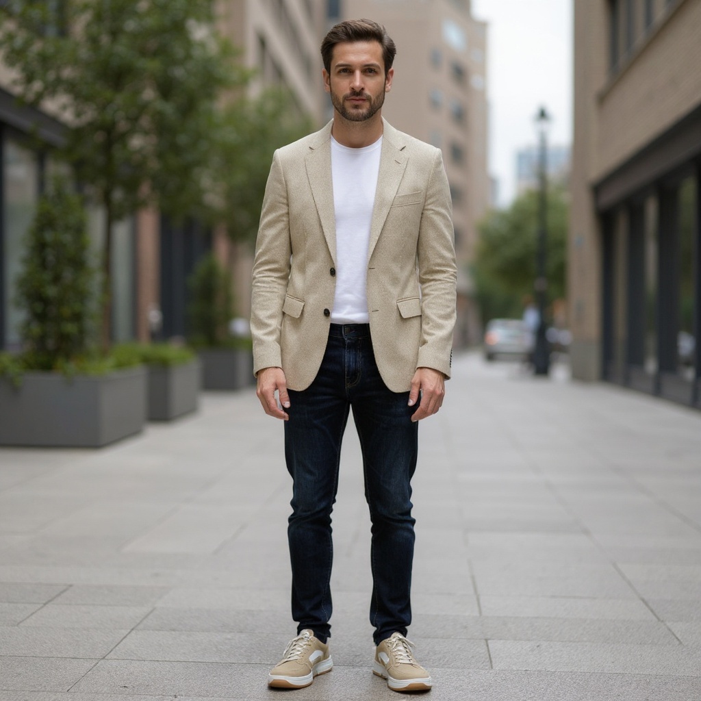 Hombre elegante con deportivas VOILE BLANCHE taupe en un entorno urbano.