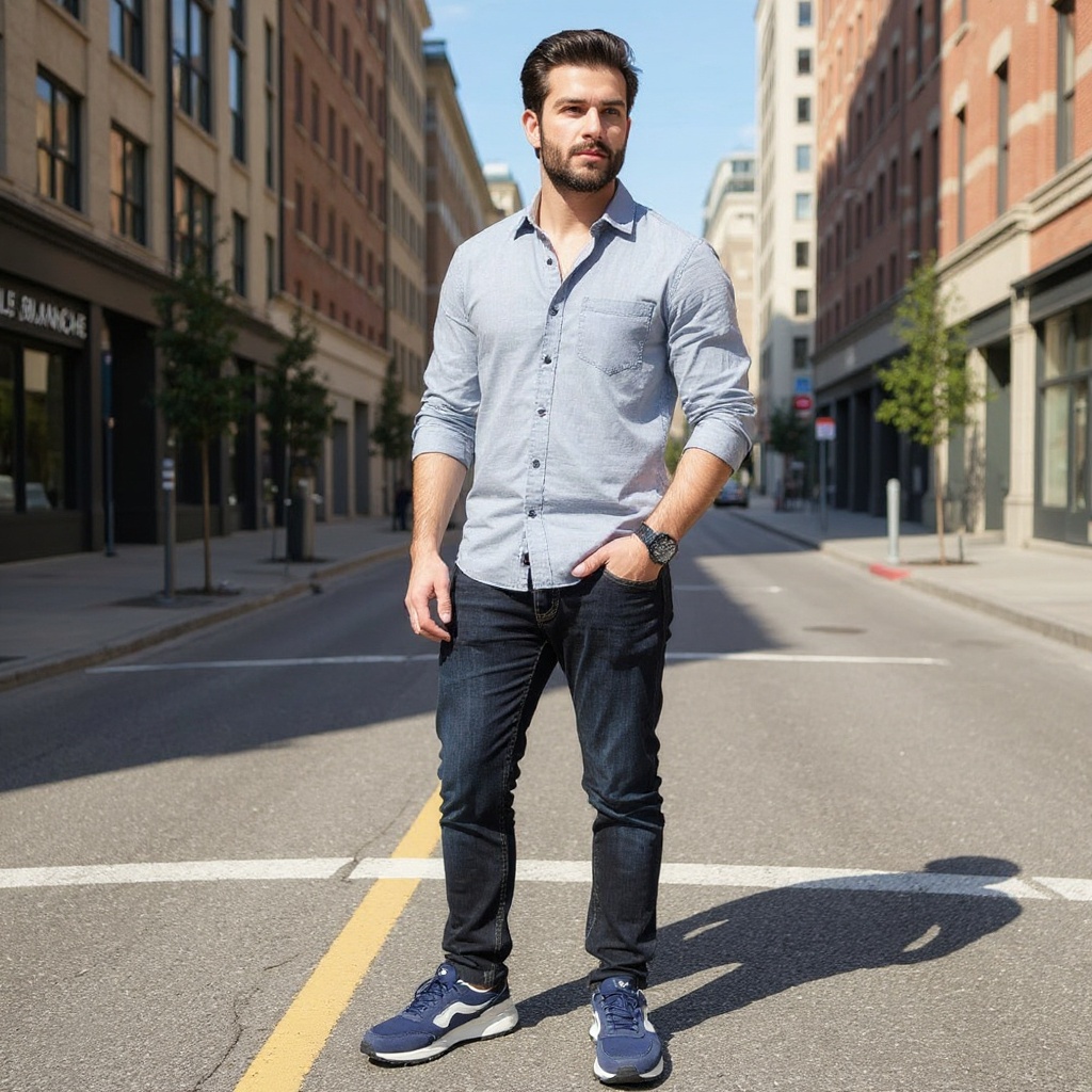 Hombre con deportivas VOILE BLANCHE azules caminando con estilo por una calle urbana.