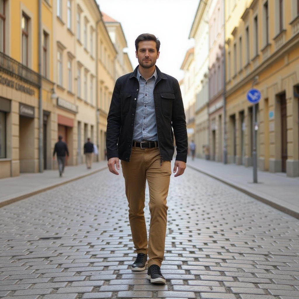 Hombre con estilo casual-chic llevando las deportivas VOILE BLANCHE arena, caminando por una ciudad europea.