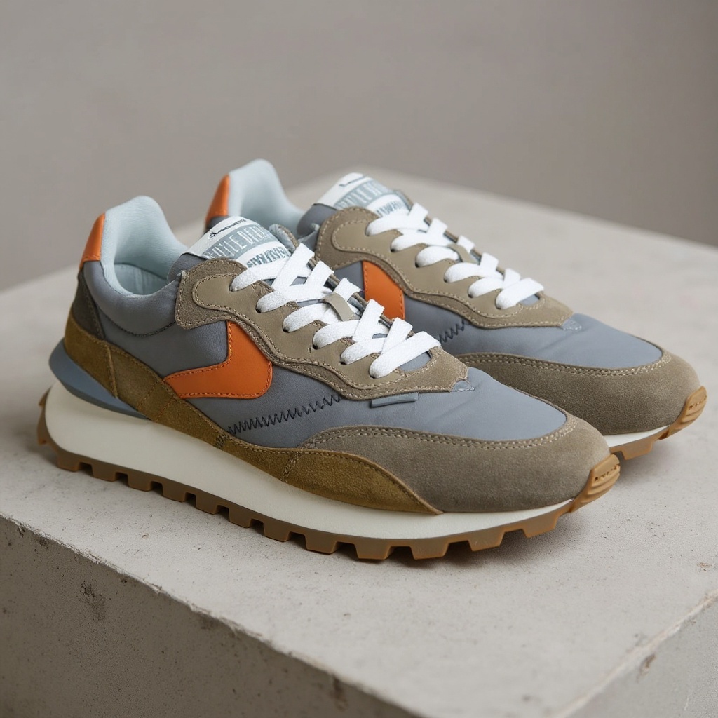 Detalle técnico de las deportivas VOILE BLANCHE arena, mostrando la textura de sus materiales náuticos, piel y napa.