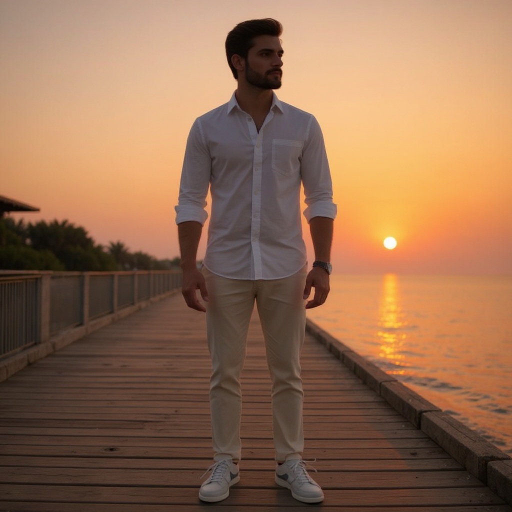 Hombre elegante con zapatos náuticos VOILE BLANCHE color jeans, paseando al atardecer en un puerto deportivo.