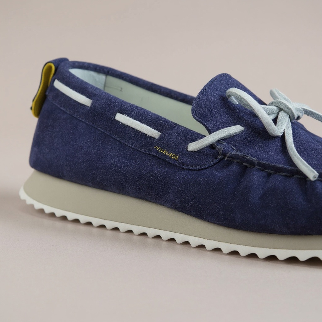 Detalle de los materiales de piel y ante (suede) de los zapatos náuticos VOILE BLANCHE color jeans, mostrando la suela antideslizante.