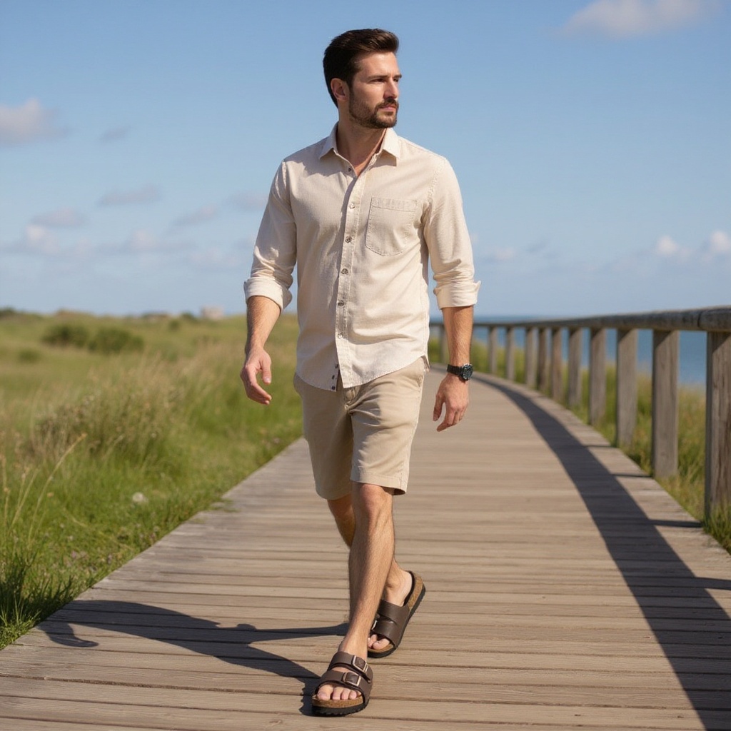 Hombre paseando por la costa con sandalias Birkenstock bio marron y ropa de lino.