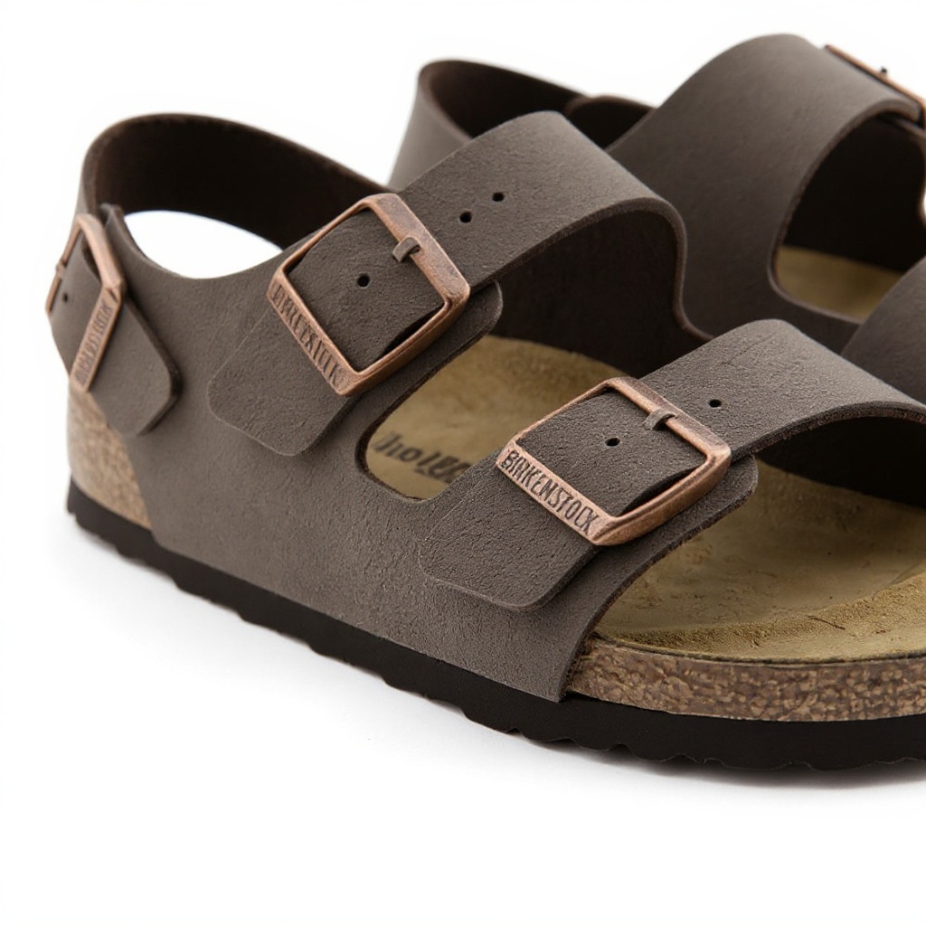 Detalle de la plantilla anatómica de corcho, látex y piel de las sandalias Birkenstock bio marron.