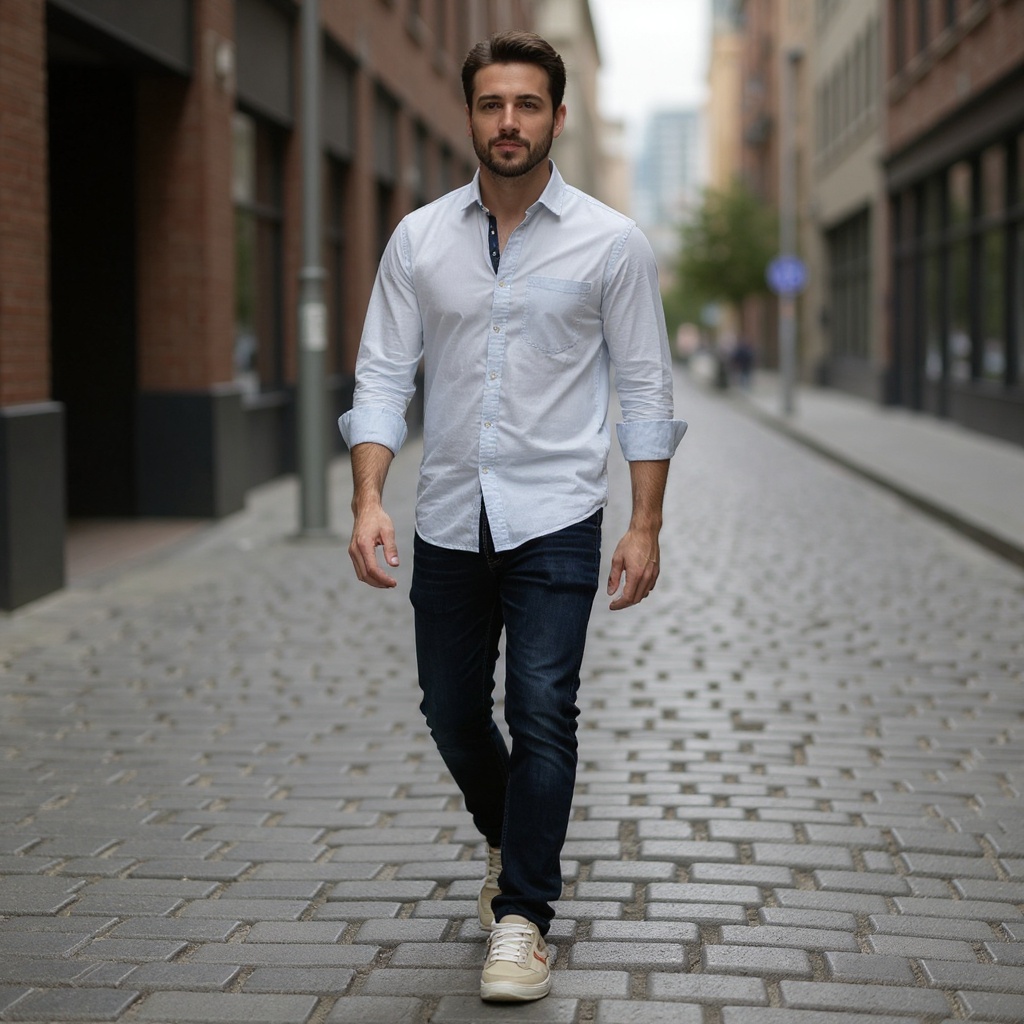 Hombre con zapatillas deportivas DIADORA beig, combinadas con vaqueros y camisa casual, caminando en un entorno urbano.