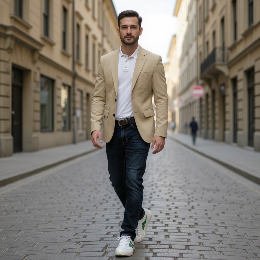 Hombre con estilo urbano luciendo las deportivas DIADORA blanco y verde con vaqueros oscuros y camisa casual.