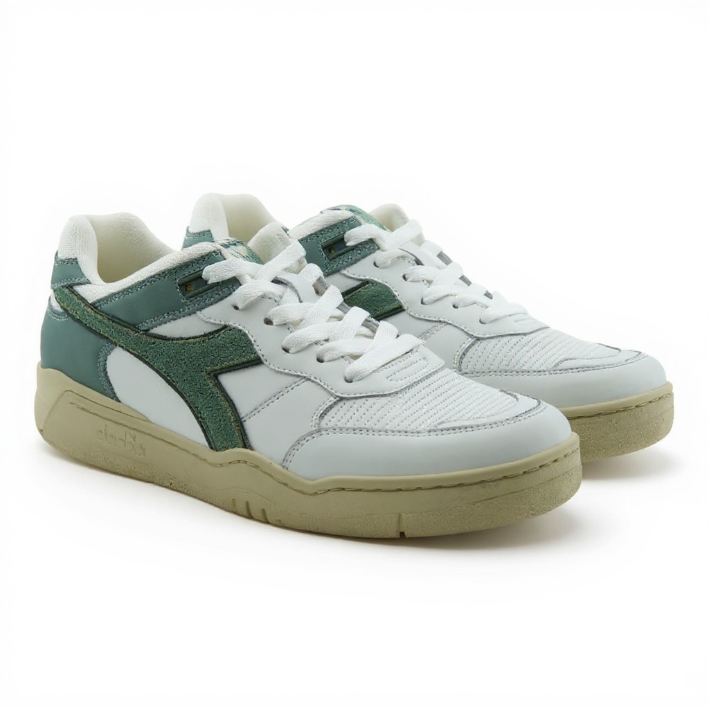 Detalle técnico de las deportivas DIADORA blanco y verde, mostrando la combinación de piel, tejido deportivo y suela amortiguada.