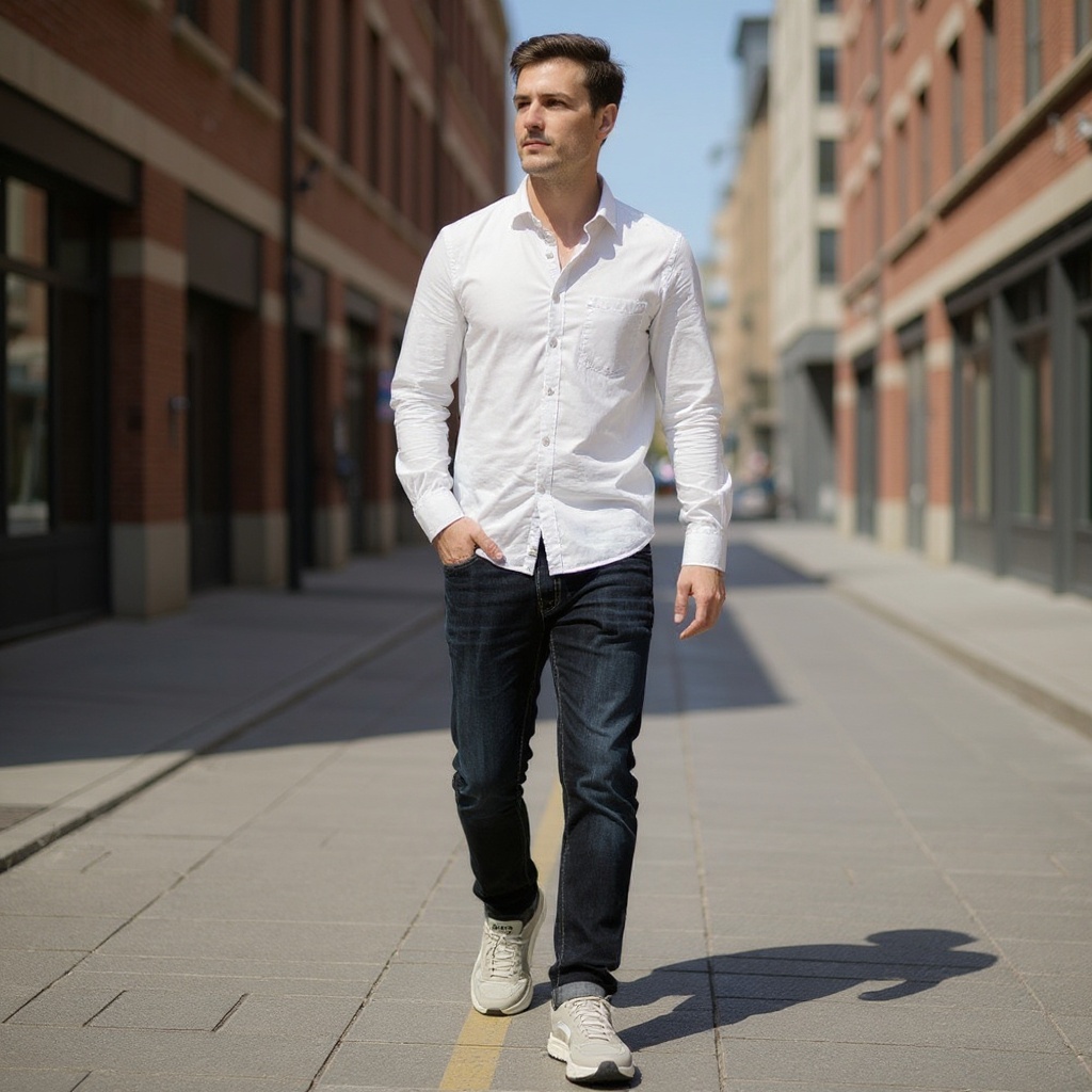 Hombre con deportivas DIADORA blancas combinadas con vaqueros y camisa de lino en un ambiente urbano.